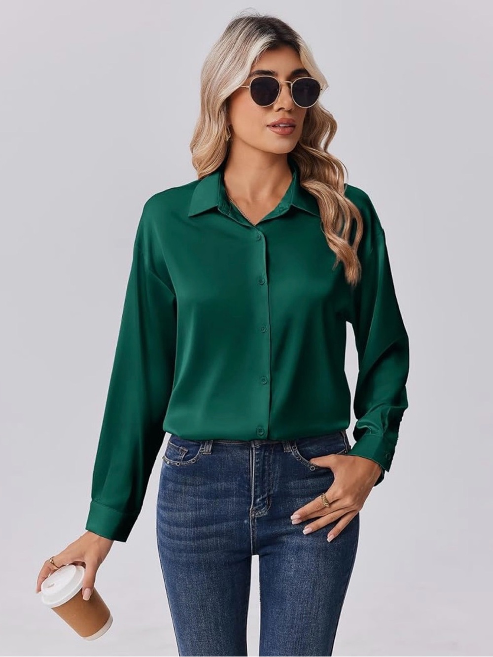Women’s Emerald Green Button-Front Satin Blouse NWT
